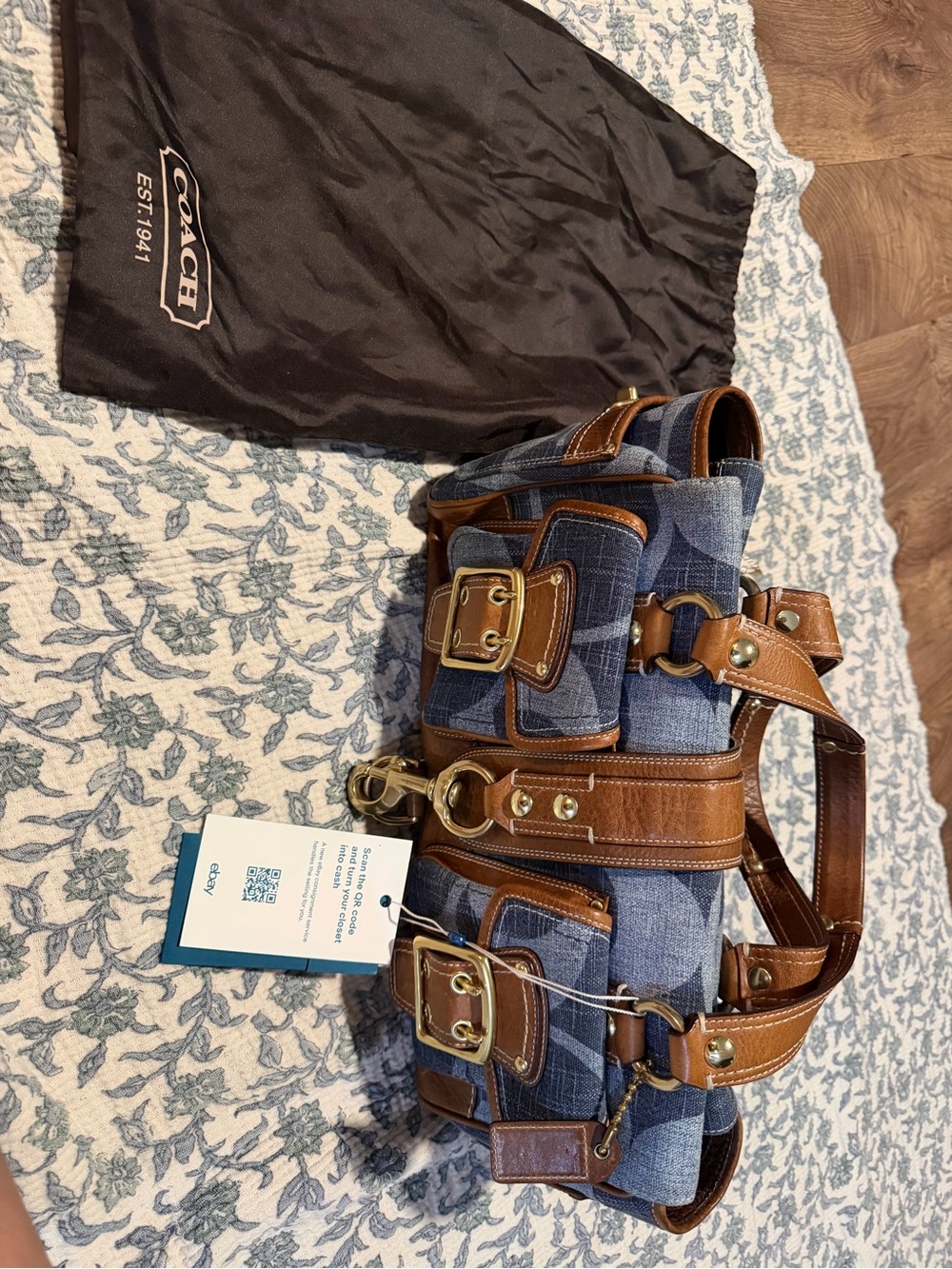 Coach Blue Denim Duffel with Brown Leather Trim and Gold Hardware